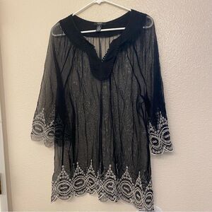 Alfani Sheer mesh Lace Embroidered black goth Blouse swimsuit cover-up nylon 1X